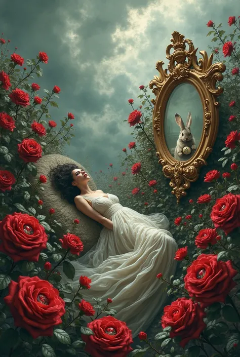 create a garden with red roses with eyes inside, a woman lying down from the sky with gray clouds surrounding, and a golden mirr...