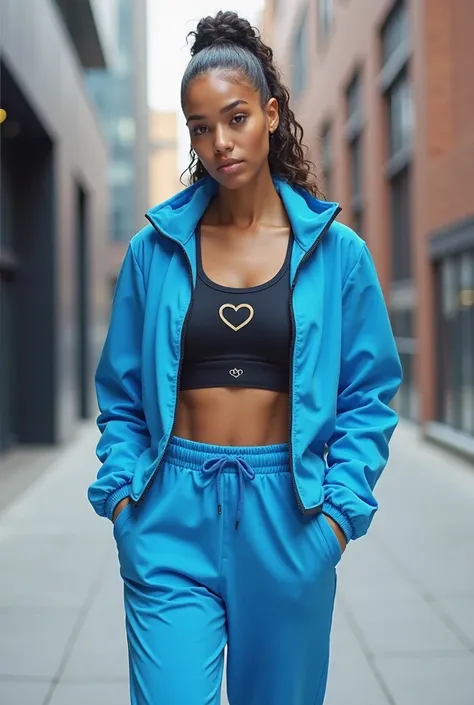 A stylish full-body photo of a fit woman standing on a modern city street, wearing a bright blue sports tracksuit with a fitted ...