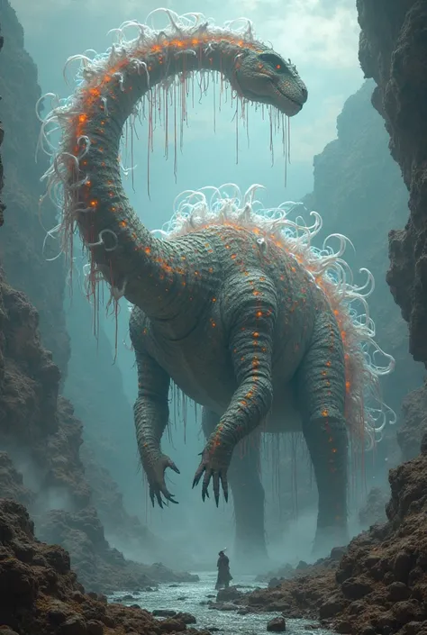 Create me a image of a combination of a huge brontosaurus with armour and a jelly fish