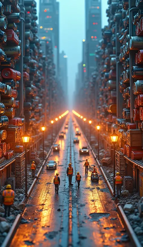 A vibrant, bustling metropolis constructed entirely from everyday household objects, with towering skyscrapers made from stacked...