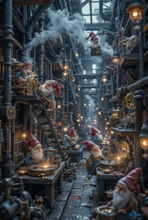 A whimsical, Steampunk-style factory scene, bustling with hundreds of tiny gnomes engaged in various industrial tasks. The facto...