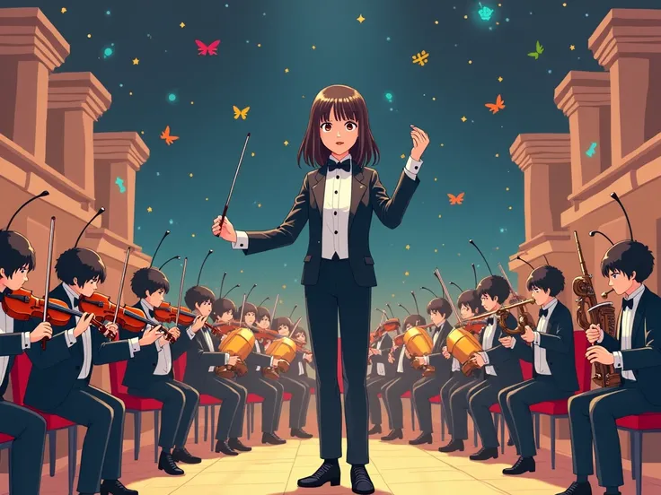 (Flat anime style); A conductor girl in tuxedo; Insect instrumentalists, ant violinists, grasshoppers, locusts, rhino beetles, s...