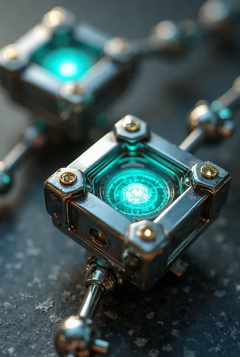 Linked cubes, silver finish, teal core, carbon fiber sides, gold tips.