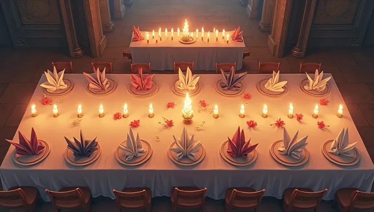 An overhead view of the banquet table almost fully set, each place marked by a unique folded napkin, glowing under rows of softl...
