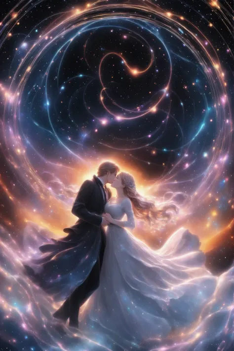 soft lips approaching event horizon, stardust breath forming ancient constellations, quantum entanglement of lovers’ shadows, ea...