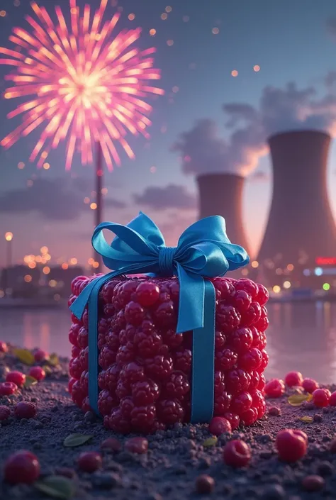 Hello, create me an image of a raspberry gift with a blue ribbon and nuclear power and fireworks in the background