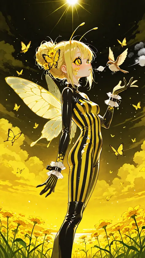 1 girl,  anthropomorphic bee, slender graceful body, translucent wings behind, black and yellow colors, striped tight suit, fluf...