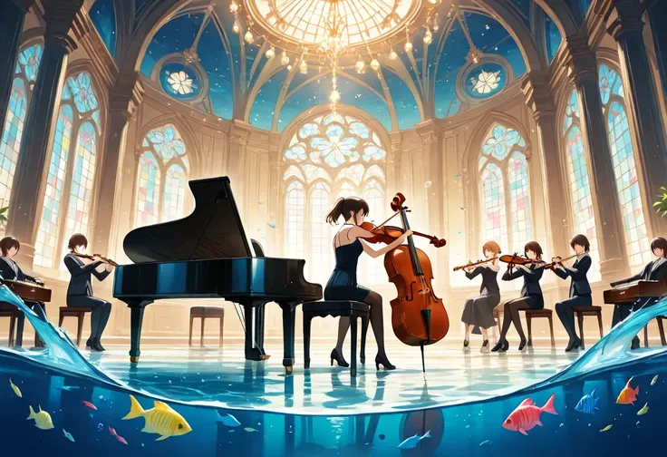 Underwater party, underwater dance party: people dancing in front of an orchestra, orchestra playing: piano, violin, cello, flut...