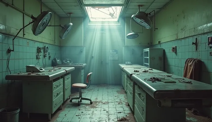 rusted surgical lights over a cracked-tile operating room, enamel tables with aged stainless steel instruments neatly arranged, ...
