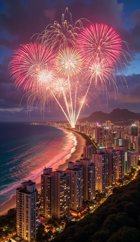 Ultra-realistic night view of Waikiki, Hawaii, with a stunning skyline of illuminated beachfront hotels, the Pacific Ocean refle...
