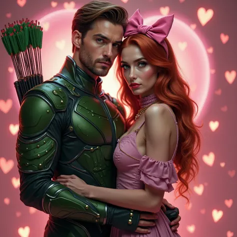 "couple standing , Looking straight ahead. The man is the Green Arrow, jovem e bonito, with a humanized and extremely captivatin...