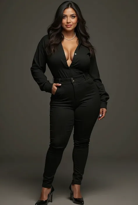 Woman with black shirt,  black pants,black shoes and big boobs