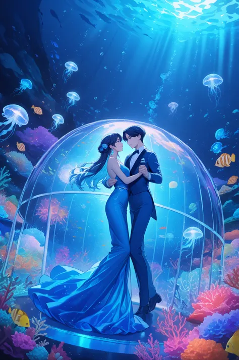 high quality, 8K, underwater ballroom party, transparent geodesic dome, dancing couples inside the dome, floating jellyfish outs...
