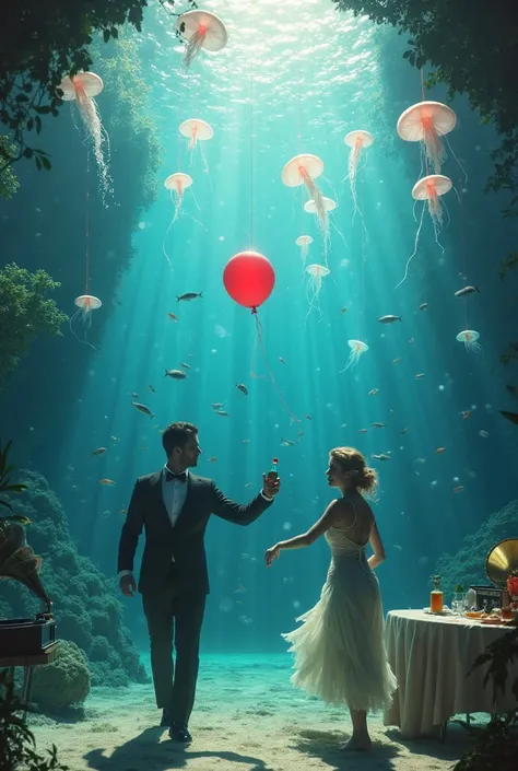 "A surreal underwater party deep in a sunlit ocean cove, where people in elegant vintage swimwear dance slowly in the weightless...