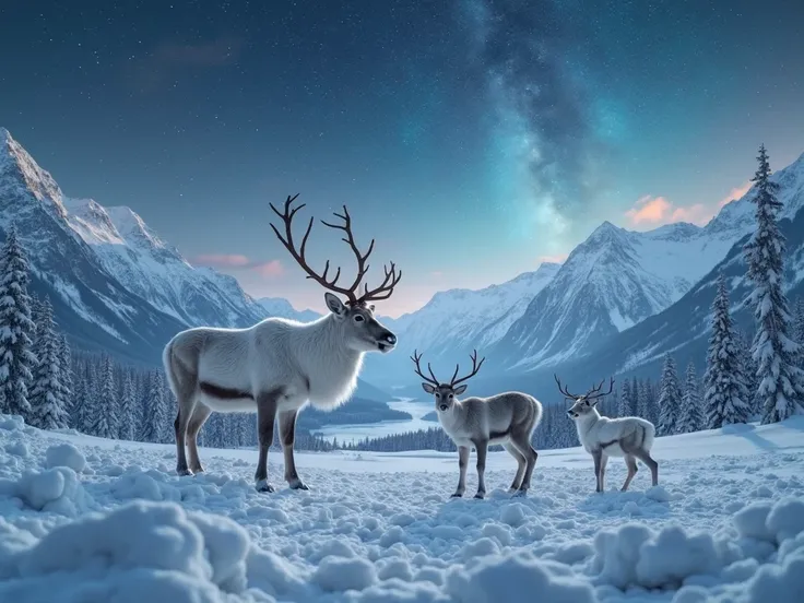 Northern white reindeer with fawn correct head ears eyes legs , snow in a fairy tale world, breathtaking panoramic view of arcti...