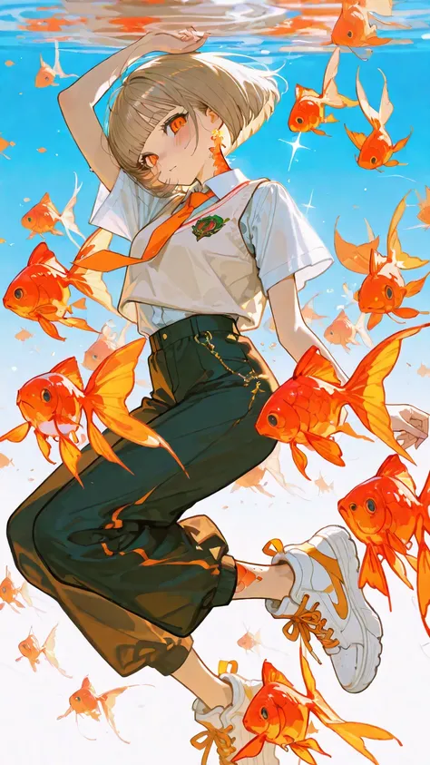 In the vivid, crisp, and high-contrast anime style similar to the reference images, a slender girl with light brown bob-cut hair...