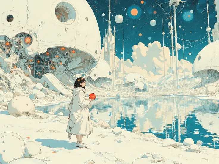 bags under eyes,white theme,,,,white theme, dreamlike quality , quiet introspection , soft baige, cream tones,Moebiusのイラストレーションア...