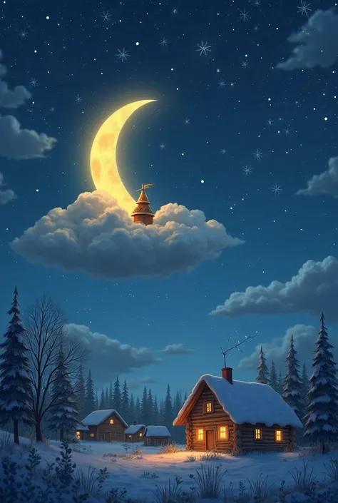  night starry sky , smiling bright Zirochka and the good Moon in a magic cap float across the sky on a cloud, below you can see ...
