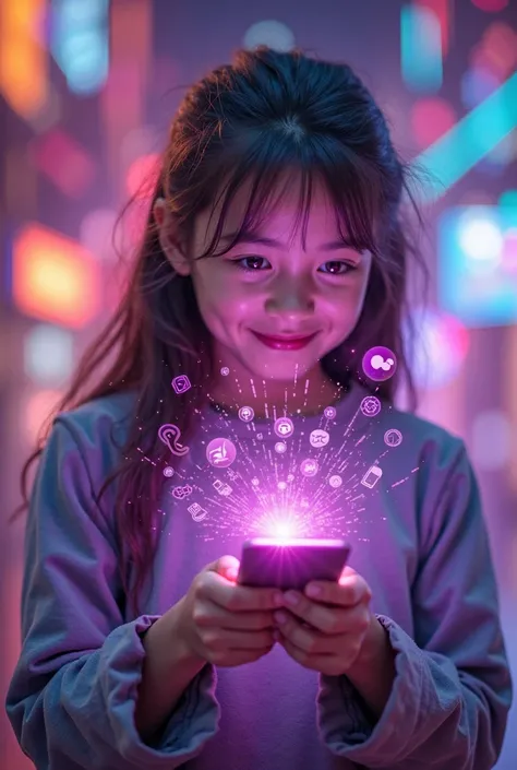 Redesign image: In a vibrant and futuristic environment, A young girl, initially absorbed and with a search expression on his fa...