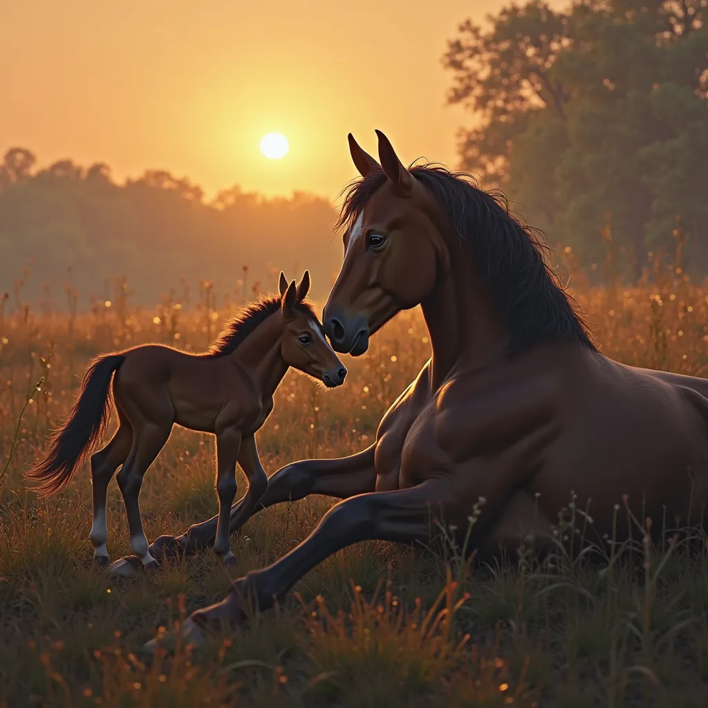 A sad scene of the little foal nudging its lifeless father horse, tears in its eyes, trying to wake him up. Emotional, heartbrea...