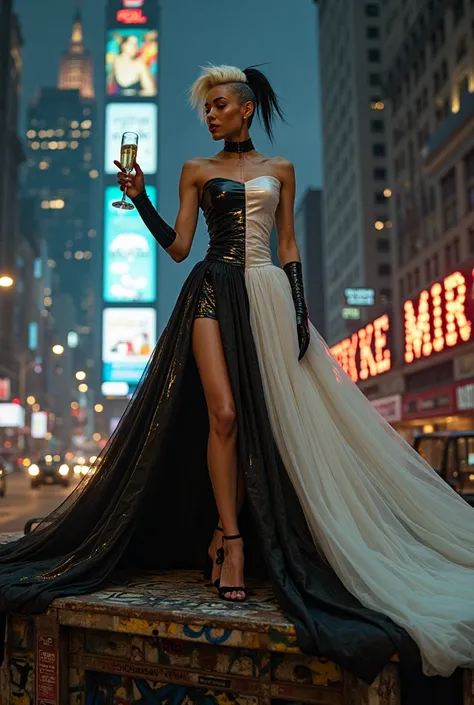 Fashion session in 8K, striking hairstyle half platinum half black, the model wears a bicolor black and white dress: one side of...