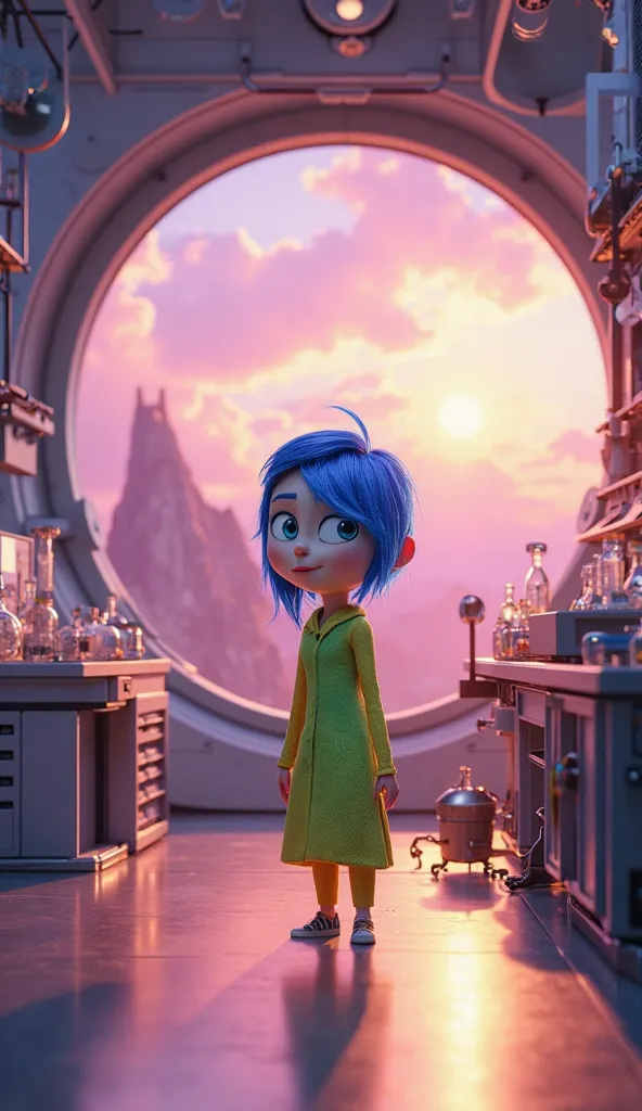 Inside out 2 emotions characters is standing in the beautiful lightening study lab room with nice view background.  