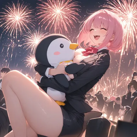 is hugging a stuffed penguin、Chest、pink bob hair、、 fireworks on the background、is laughing、festivity、Black Suit