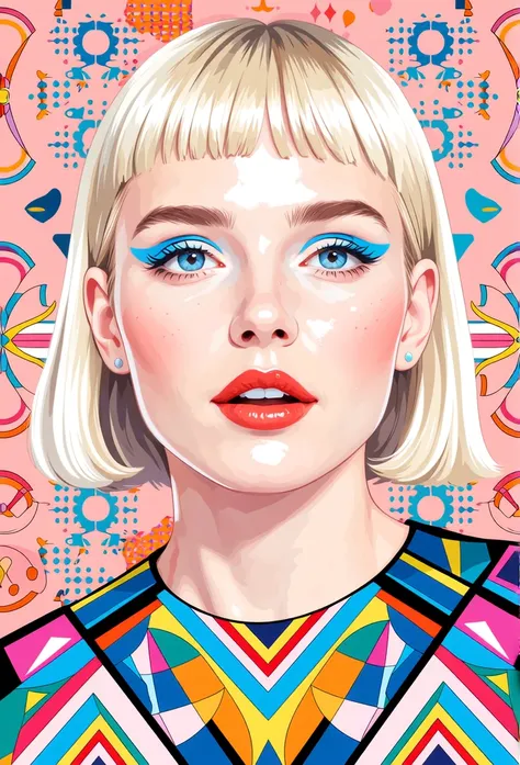 fashion illustration of a stylish woman, very short blonde haircut, vivid orange lips, subtle eyeliner with pastel blue eyeshado...