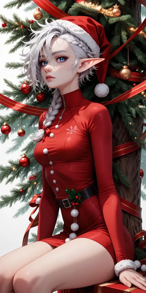 ((1girl, 20 year old woman, medium breast, Short white-silver hair, Pixie cut, Messy hair on top of head, mid-back tight braided...