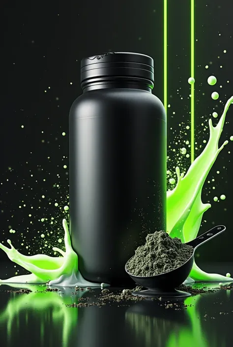 “Premium protein powder design, matte black  with glossy metallic accents in neon green and silver, modern sporty abstract shape...