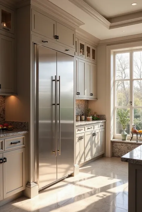 A huge refrigerator in a very beautiful kitchen 