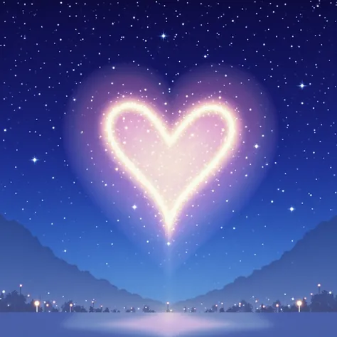 A magical night sky full of stars forming a big glowing heart in the middle, dreamy and romantic, soft pastel tones."