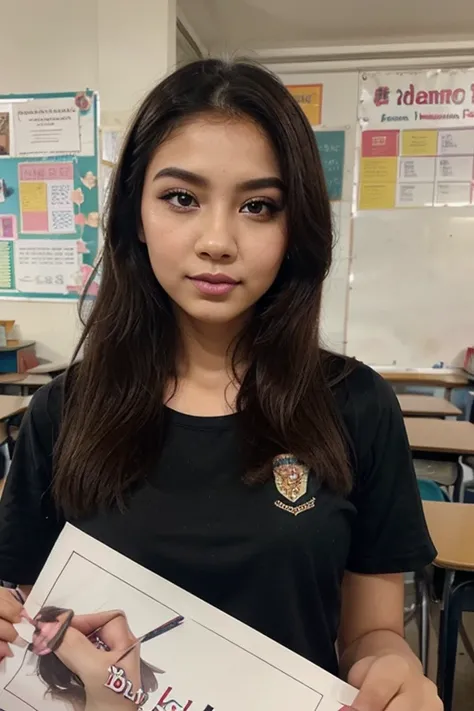 Create a poster about the ban on Students wearing makeup To school. Ada tulisan "Beautiful School Without Lipstick", "Tampil Can...
