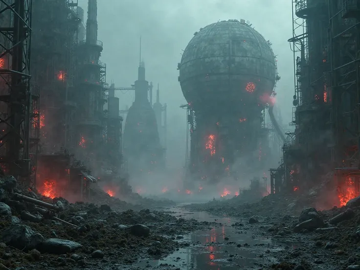 Panoramic view of the man-made apocalypse: endless labyrinth of metal structures, permeated with neon rays and holographic proje...