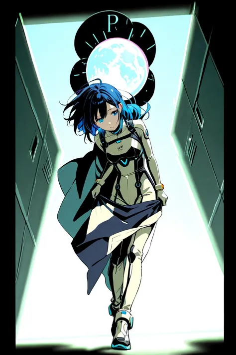 full color、blue hair, (Pale watercolor style)、(she has a wonderful expression, anime、(Freena)、 beige plug suit、angle from below、...