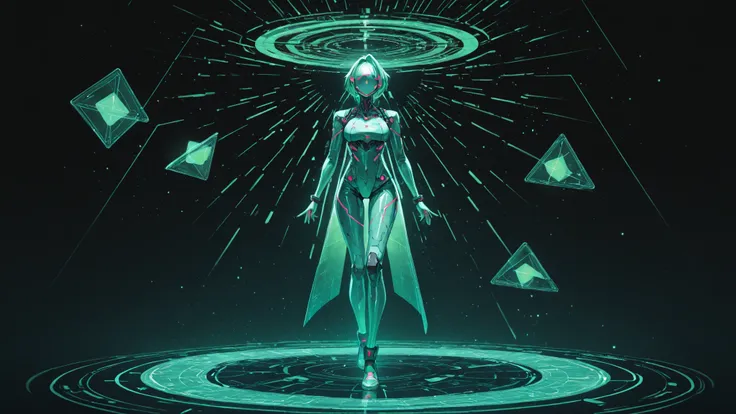futuristic cyberpunk interface with bright green neon lines on a deep black background, holographic projections of game elements...