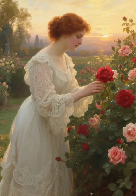 A stunningly beautiful woman with classic, elegant features and auburn hair, dressed in a flowing, Victorian-era white lace gown...