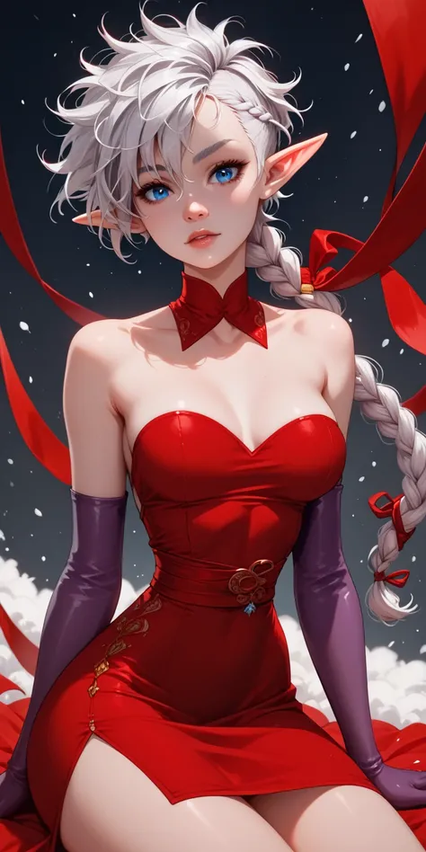 1girl, ((20 year old woman, medium breast, Short white-silver hair, Pixie cut, Messy hair on top of head, mid-back tight braided...