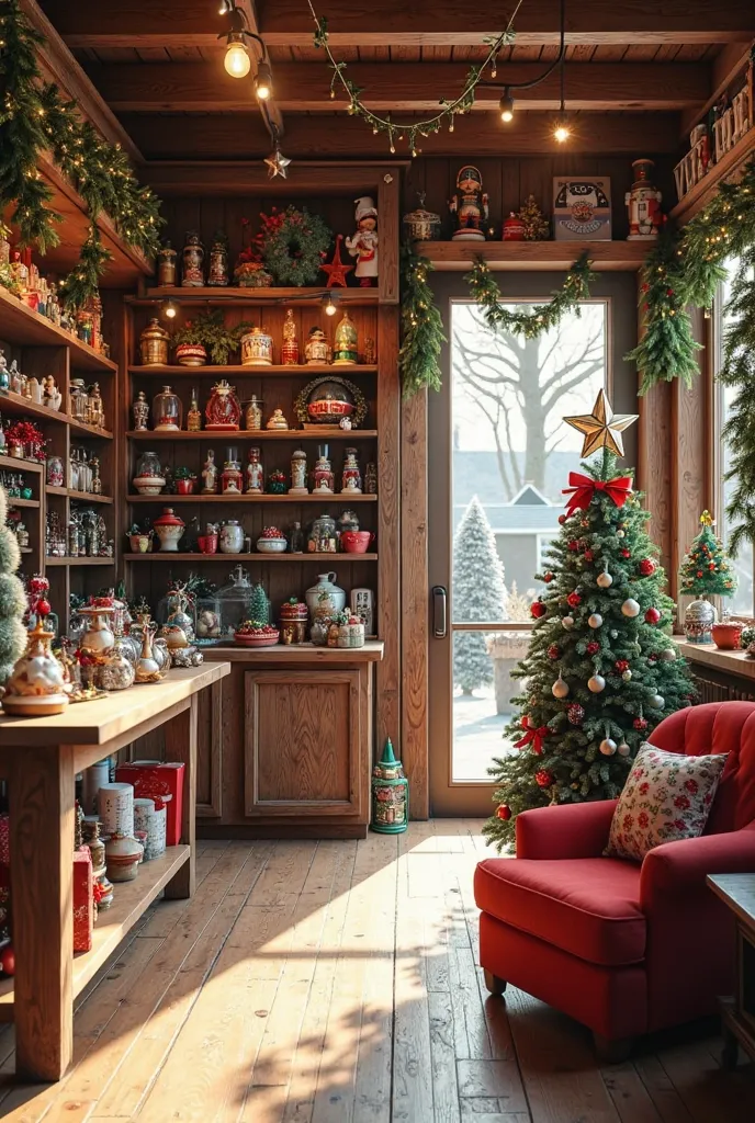 Photorealistic interior of a Christmas decoration shop, perfectly matching the exterior of Santa’s Workshop as reference photo i...