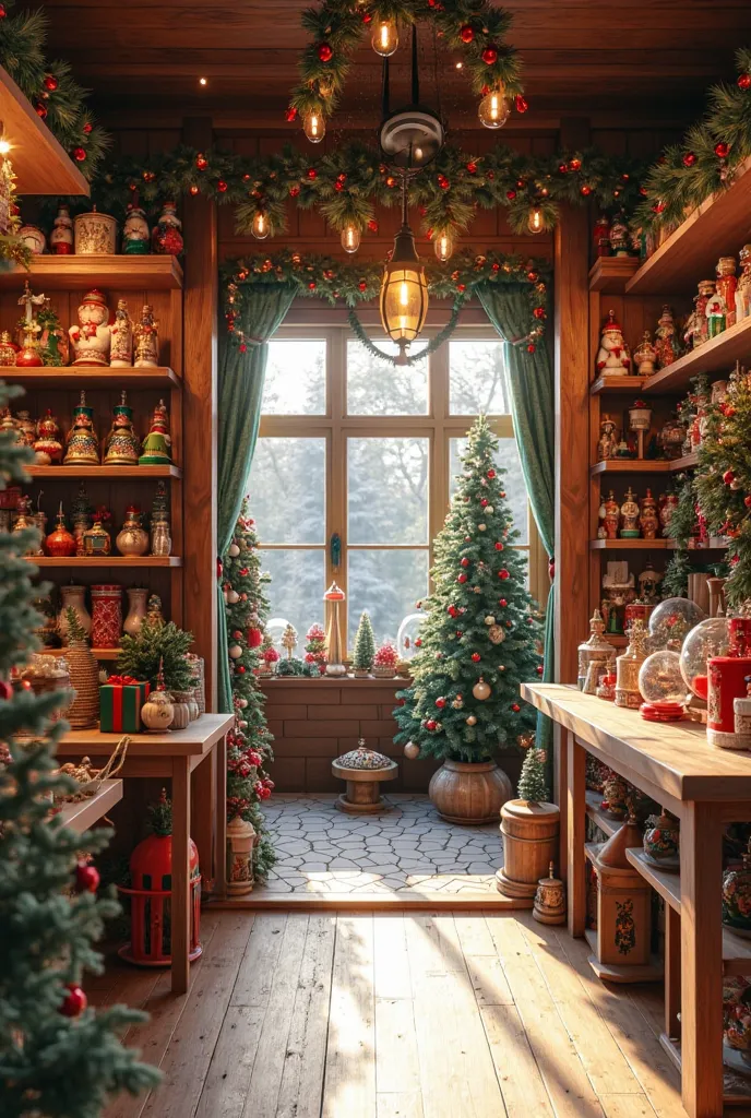 Photorealistic interior of a Christmas decoration shop, perfectly matching the exterior of Santa’s Workshop as reference photo i...