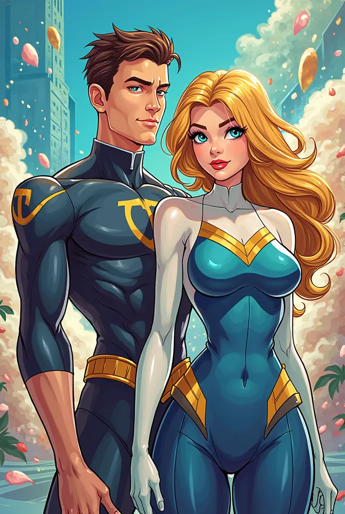 Colorful, cartoon, heros, thin build blue eyed man, blue eyed woman woman