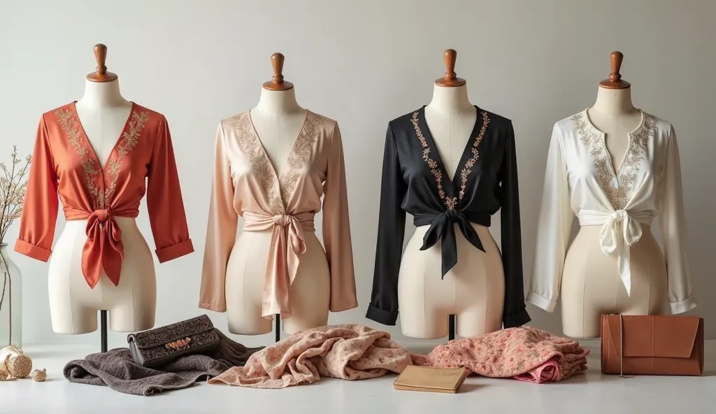A stylish collage showcasing elegant V-neck blouses designed for various occasions: a silk V-neck blouse with subtle embroidery ...