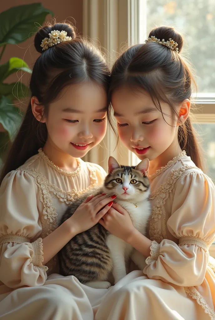 High Quality、twin girls、cat