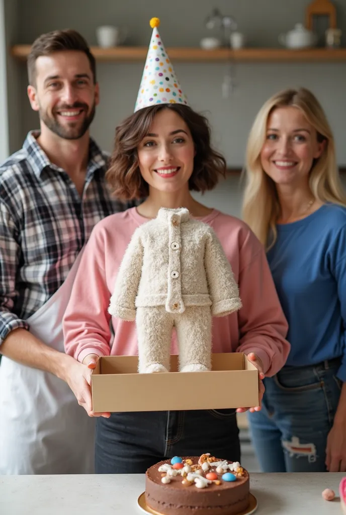 “A realistic image of a short-haired woman wearing a pink shirt and black jeans, with a birthday hat, holding a gift box that op...