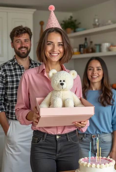 “A realistic image of a short-haired woman wearing a pink shirt and black jeans, with a birthday hat, holding a gift box that op...