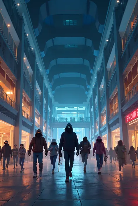 “3D cartoon style, ultra 4K quality, a large modern shopping mall at night, inside the mall some masked robbers with weapons ent...