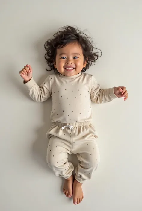 Ultra realistic photograph of an 8-year-old child, seen from above in aerial perspective (top view), playing naturally on the fl...