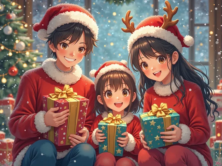 Family Noël manga dressed up in Christmas outfits holds gifts in their arms in a Christmas setting , 
