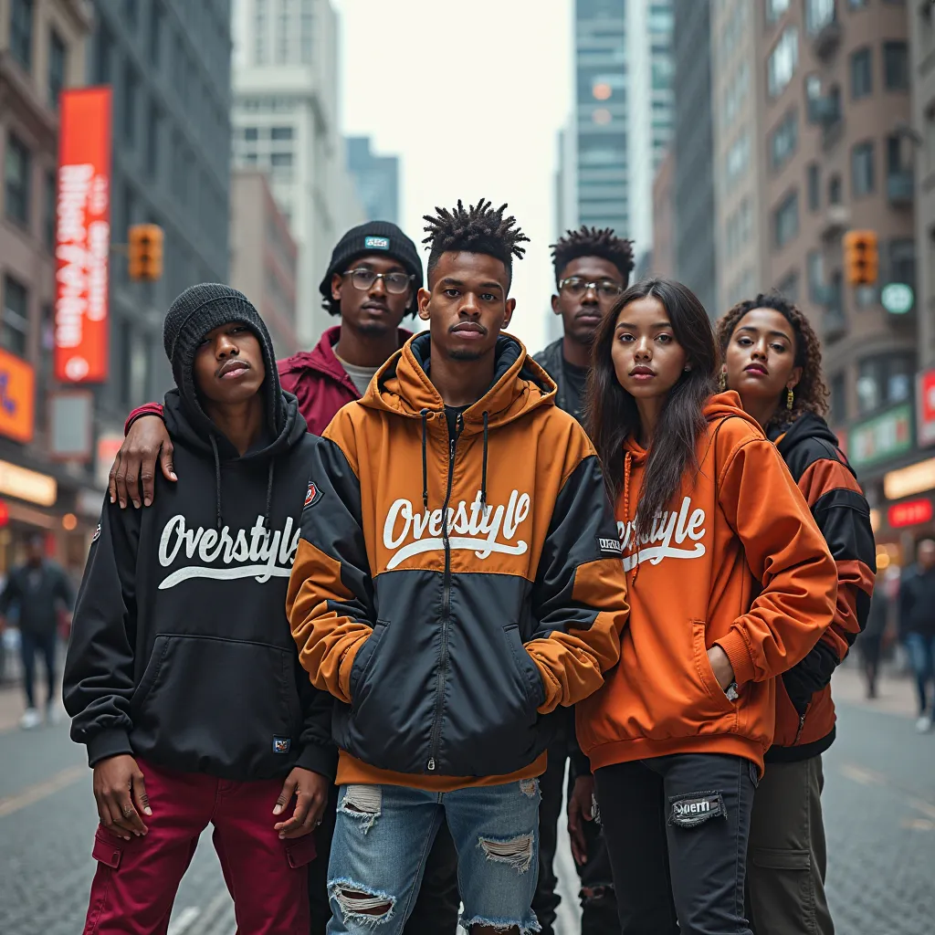 Let there be several people posing in the urban cm background with the poleron that says OVERSTYLE