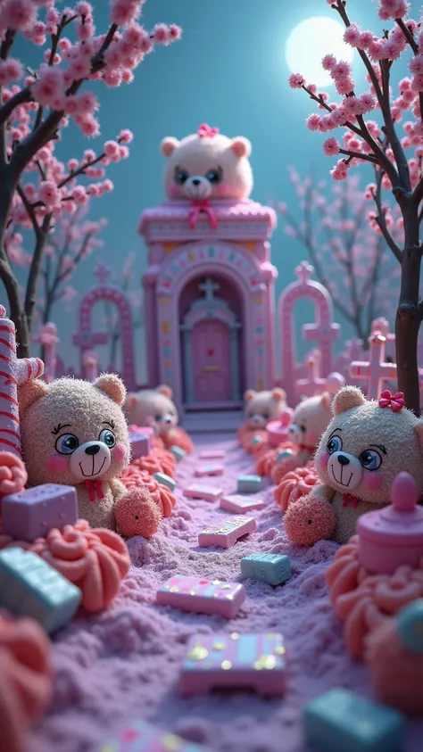 endless doll-sized cemetery in Saccharine Hex kawaii macabre style — hyper-detailed pastel nightmare where innocence collides wi...